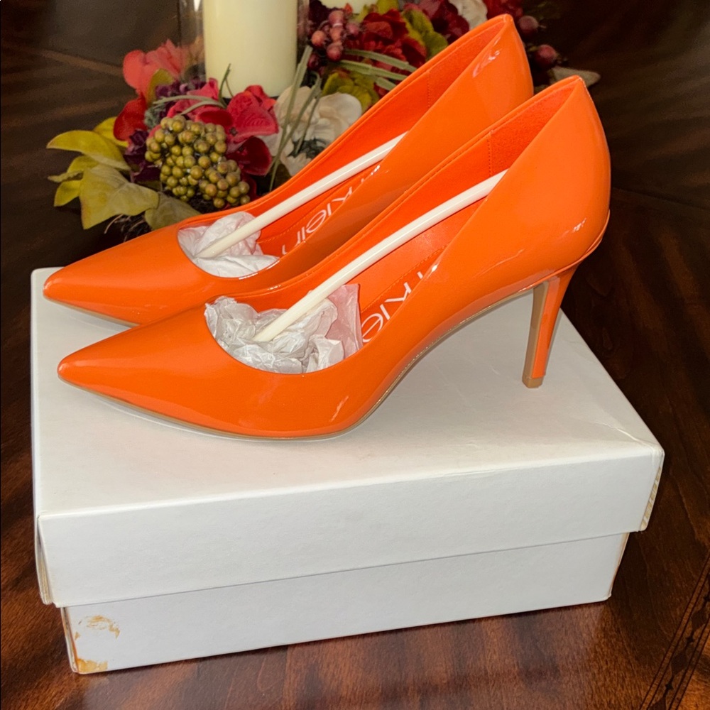 Calvin Klein Vibrant Orange Popsicle Patent Leather Heels - Size 7